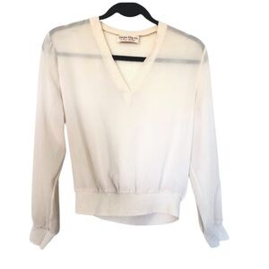 VTG Daniel Martin by Boyd Babbitt Cream Sheer LS Cropped Banded VNeck Blouse Top